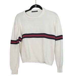 Brandy Melville Cream Crewneck Sweater with Navy and Red Stripes
